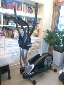 My X-Trainer at home. My constant advice to people who want to shed weight: exercise till the floor is wet from sweat for 20 minutes each day.