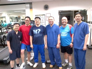 Men taking circuit exercise in physio gym of UH on March 27 2013